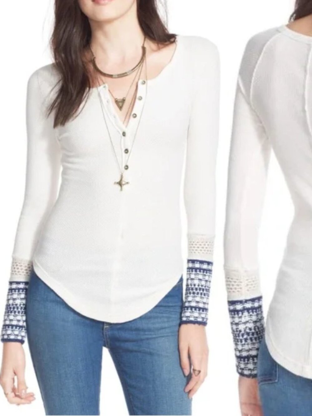 Free People Ski Lodge Henley Shirt Thermal Waffle Knit Crochet Cuffs